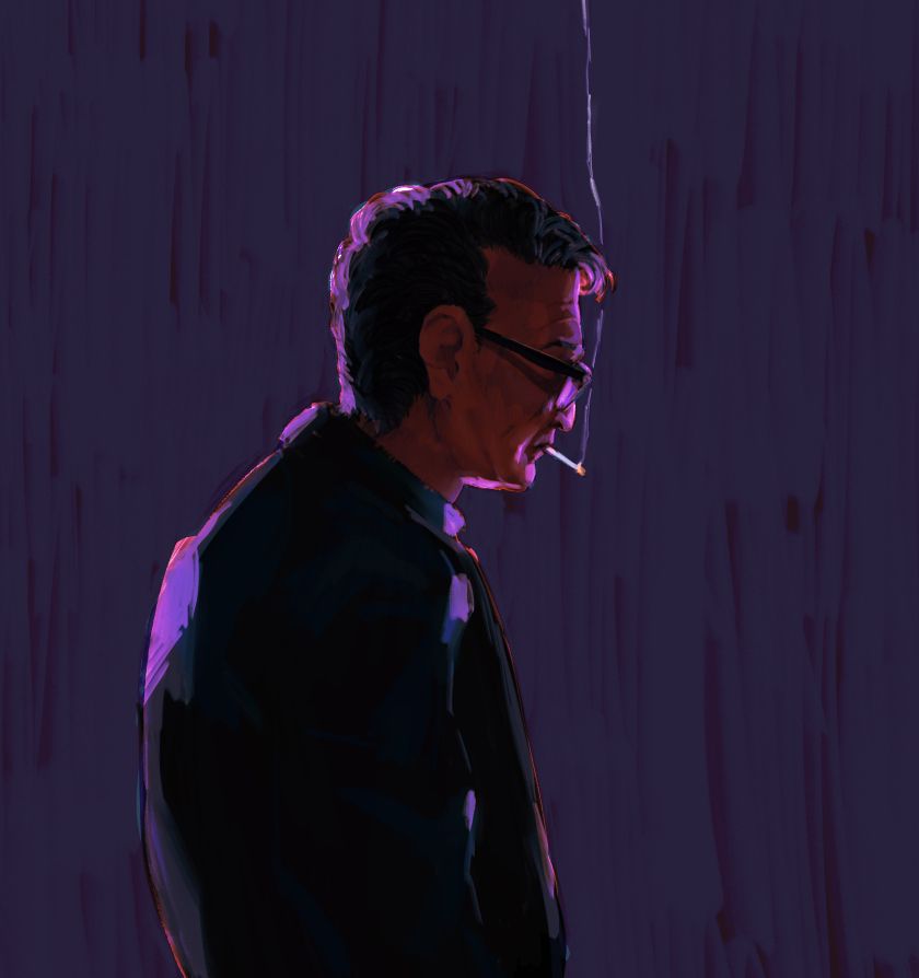 Illustration of a male character on a purple background, backlit with purple lighting. We see him from the side. He is smoking, looking down at something not visible on the canvas. 