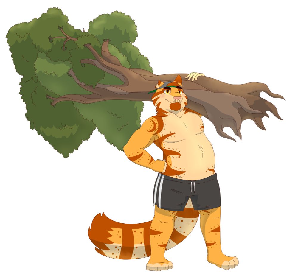 A dad bodded orange tabby cat lifting a tree