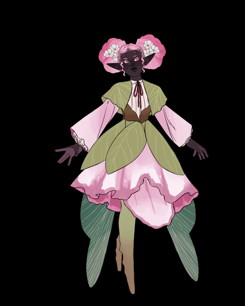 A fairy with mantis-like legs and bug like wings. In a petal dress and leaf shawl. They have their hair done up in two buns with flowers woven in. Pink and greens are the color scheme.