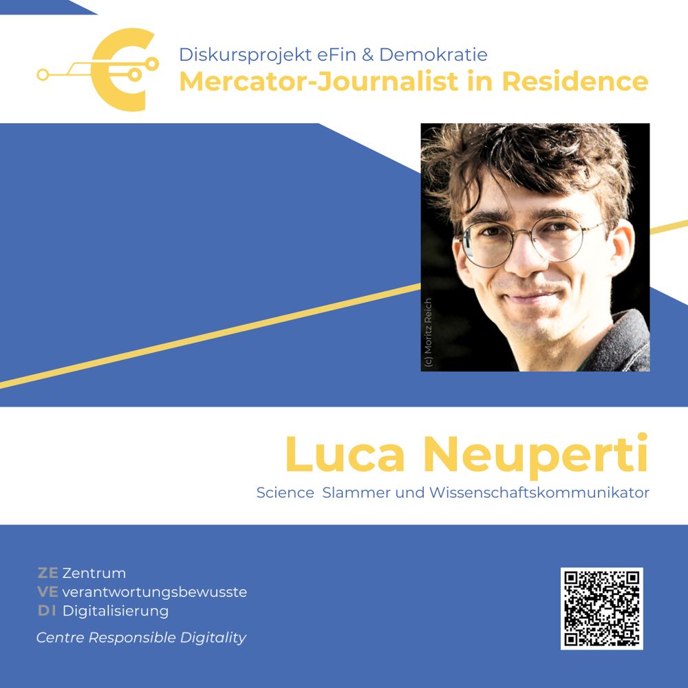 Porträt-Foto: Diskursprojekt eFin & Demokratie, Mercator-Journalist in Residence Luca Neuperti (Science Slammer und Wissenschaftskommunikator) am Zentrum verantwortungsbewusste Digitalisierung