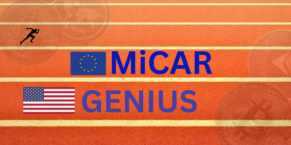 Grafik mit Laufbahn und Läufer sowie EU-Flagge (MiCAR) und US-Flagge (GENIUS)