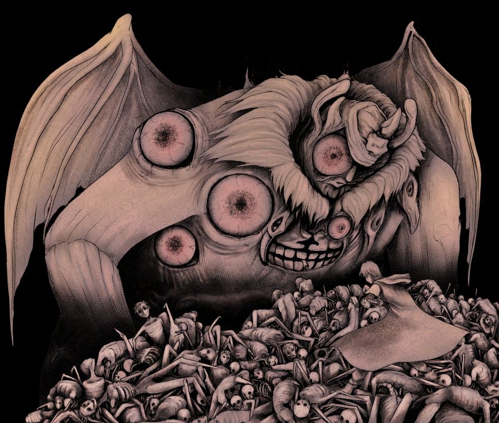 Drawing of Sung Jinwoo from Solo Leveling standing atop a floor made of corpses holding his arm (that has been bitten off). He is facing Gro-Goroth. 
