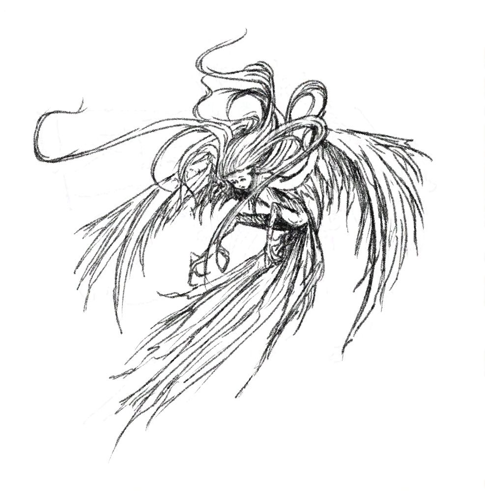 A sketch of a harpy girl midflight. Her hair is wild.