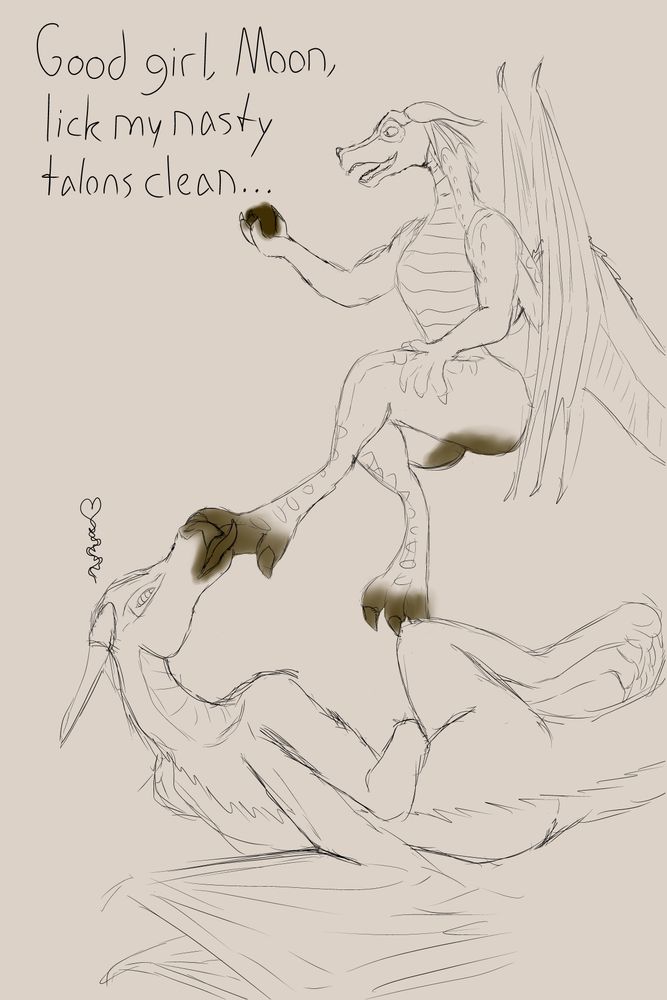 Moonwatcher from Wings of Fire laying on her side and licking Kinkajou's scat-covered feet while she plays with herself. Kinkajou also has a nasty butt and is holding a clump of scat and is saying, "Good girl, Moon, lick my nasty talons clean..."