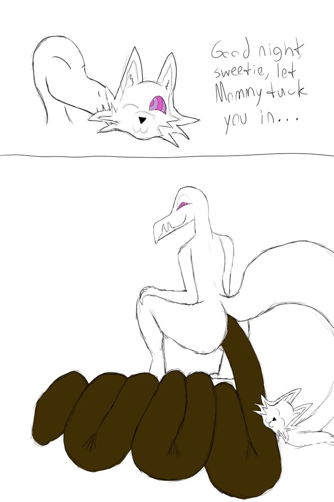A hypnotized feline character getting tucked in by an anthro salazzle, but instead of a blanket it is a massive poop.