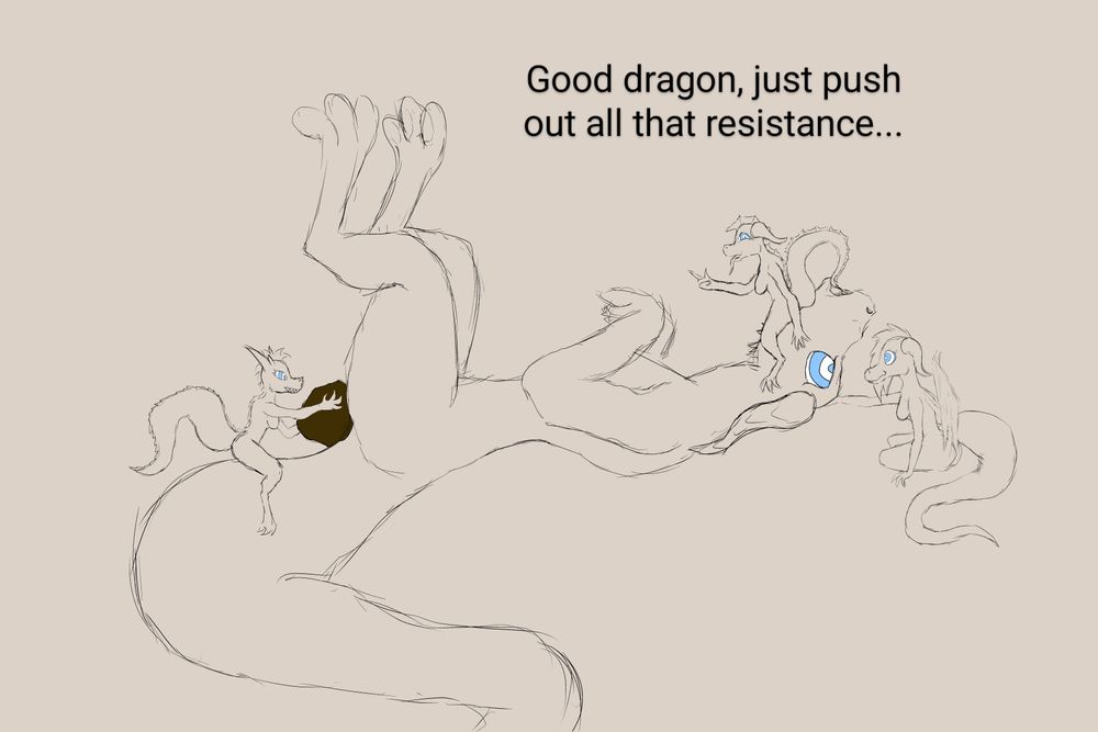 A dragon laying on its back and being hypnotized by a trio of kobolds to poop out its resistance. One of the kobolds is sitting on the dragon's tail and is grabbing the poop, that is bigger than she is, as it comes out of the dragon.
The text says, "Good dragon, just push out all that resistance..."