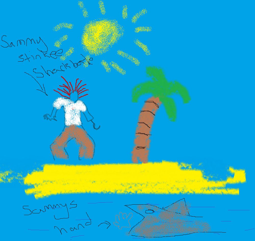 Poorly done drawing in ms paint showing a pirate (captain Sammy Sharkbait) with crazy red hair, a hook hand, pants and a shirt standing on a small tropical island with a shark in the water about to eat the pirates severed hand. There is an arrow pointing to the pirate with text saying “Sammy stinkee sharkbait” 