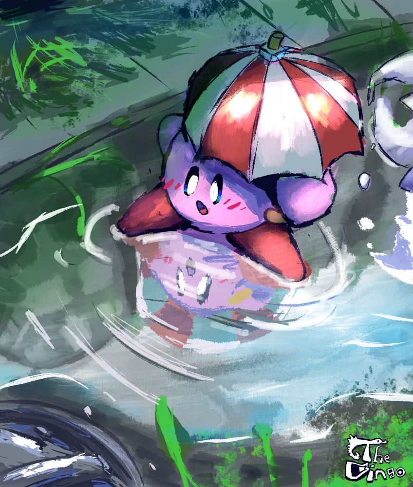 Kirby holding a Parasol, looking at a reflection of themselves after a rainy day.