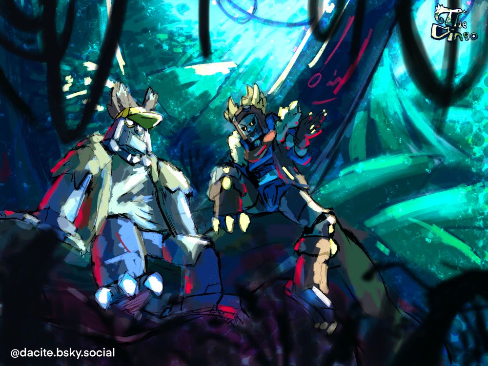 Sparky and Clive sitting on a trunk in the middle of a Jungle.