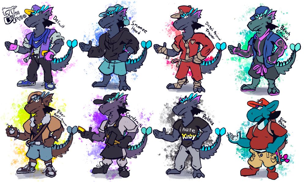 Various outfits for Drago. From left to right are depicted:
- Default
- Snooze Hood
- Dingo's Personal Trainer
- Beach Episode
- Biker Pokémon Trainer (Pokémon)
- Cardsmith (DnD)
- Politics (Kirby)
- Dino Rhino (Super Mario)