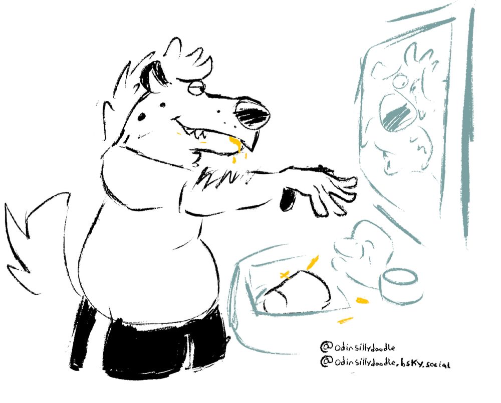 Odin dropping his cup of 75% Yellow 25% Red juice in front of his mirror’s reflection whilst making a smug face. His reflection is very sad and upset about this.