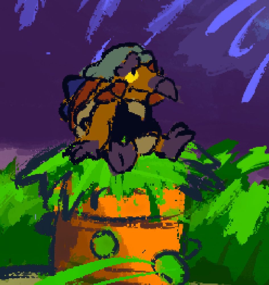 Dirtle sitting on one of those spiked trunks from marble garden zone