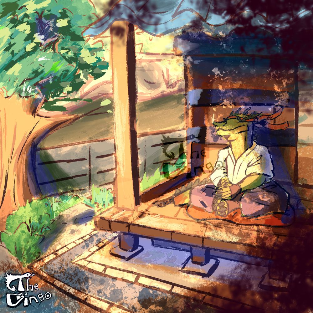 Darchain meditating in the backyard of his shrine. The orange and warm, sunset light bathes his moment of peace, warming him up from the shadows.
