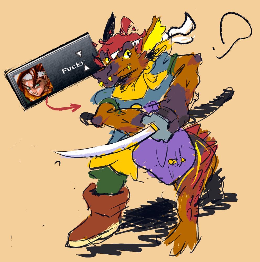 Dingo dressed up as Crono from Chrono Trigger showing off his katana.

There is Crono being called “Fuckr” eluding to him being, in fact, Fuckr