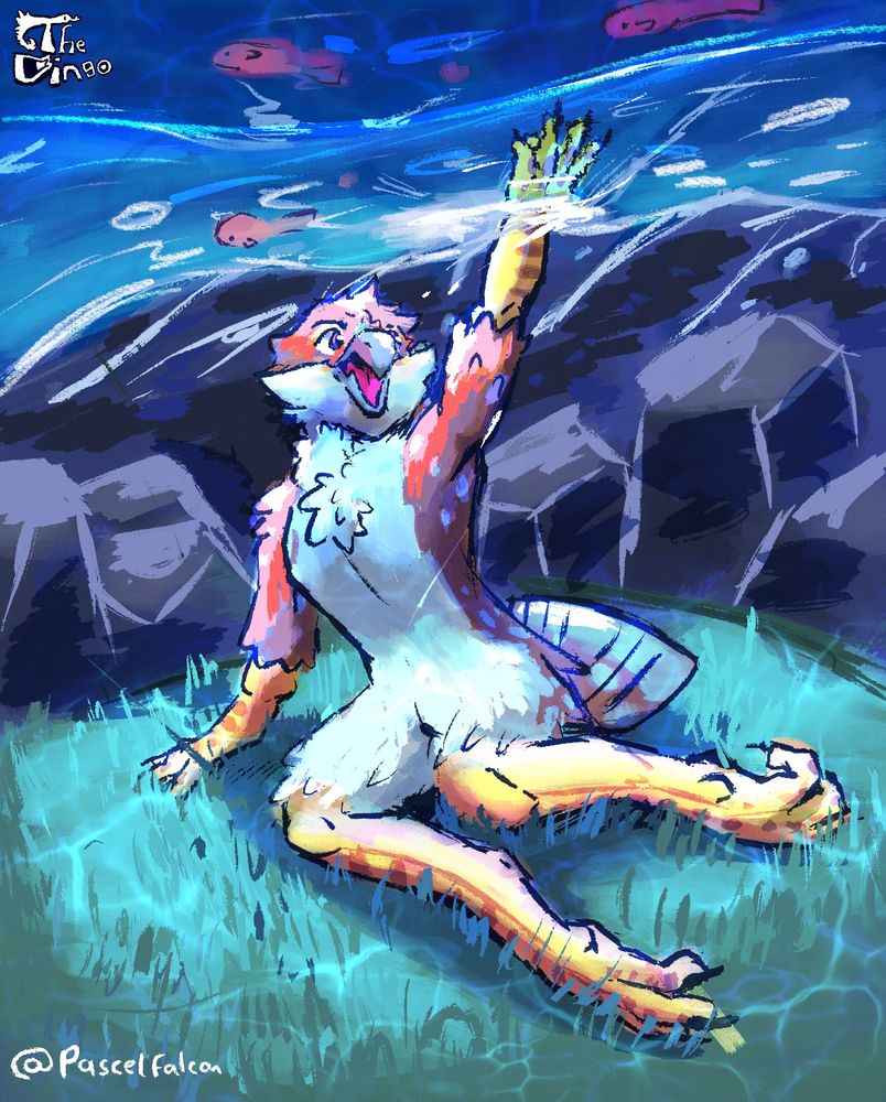Pascal being a little wet, sits inside a cave as she reaches her claw into a floating river. Smiling.