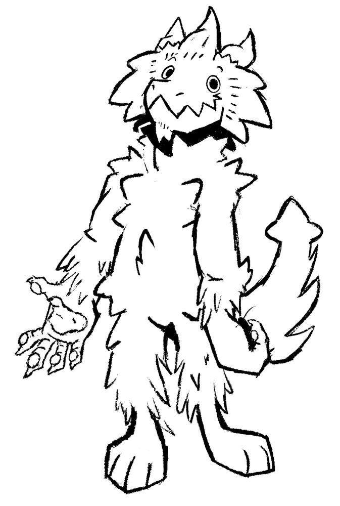 Full body lineart of Lik extending her paw :3