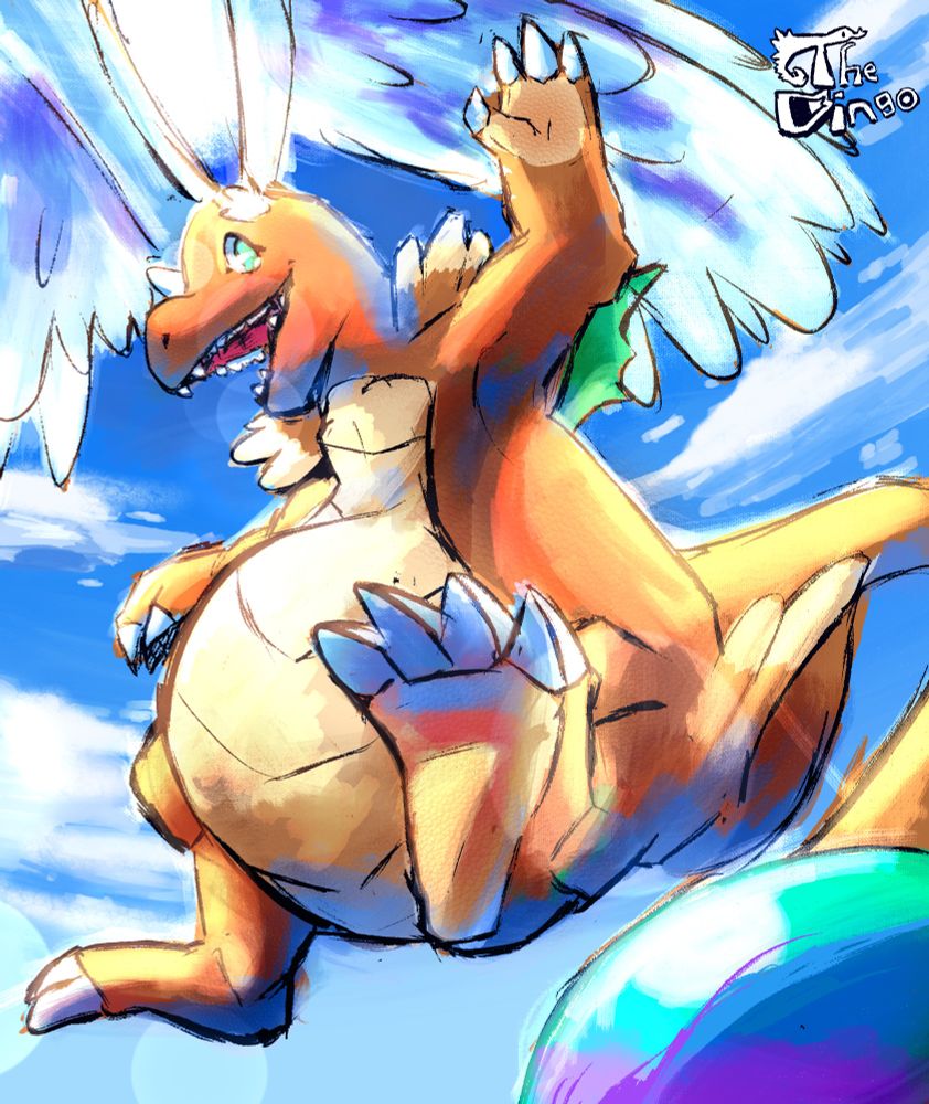 A portrait of a Mega Dragonite waving.