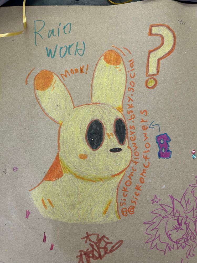 A market and pencil crayon mixed media of a he bright yellow slugcat, Monk, from Rain World.
