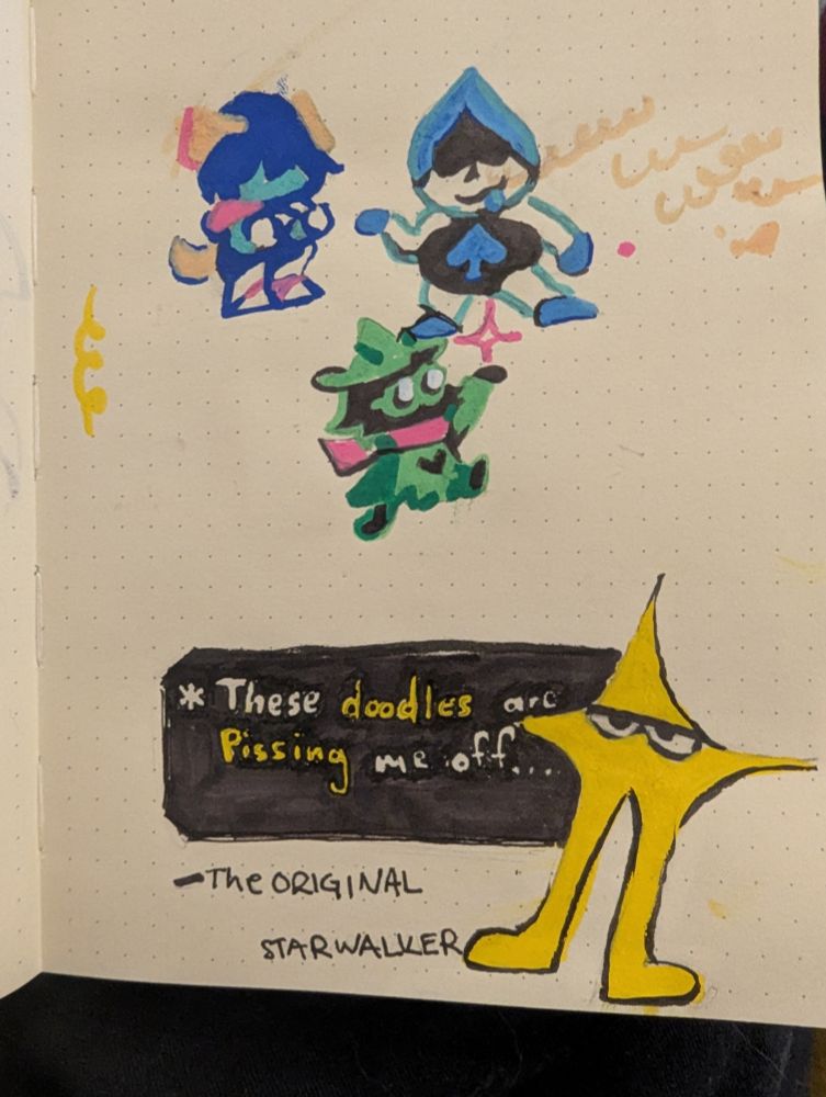 Posca doodles of deltarune sprites. Kris in the top left, lancer top right, ralsei in the middle and star walker at the bottom