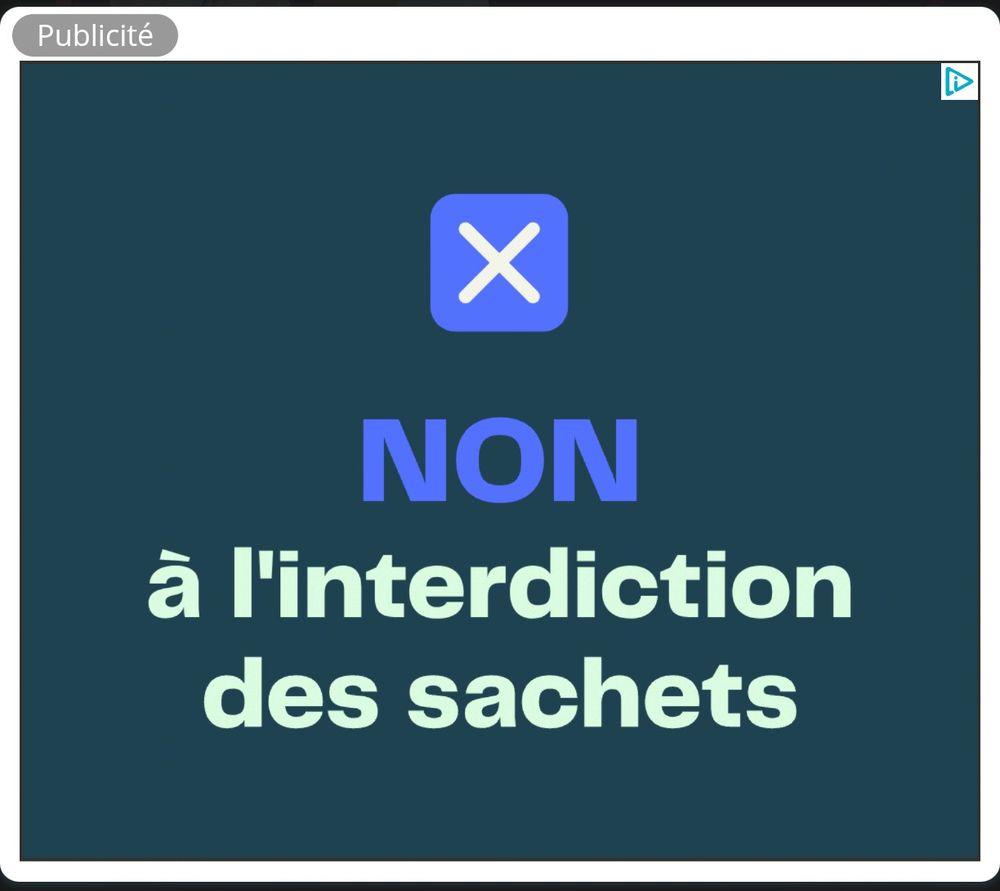 bannière publicitaire avec le texte "Non à l'interdiction des sachets" sur fond sombre