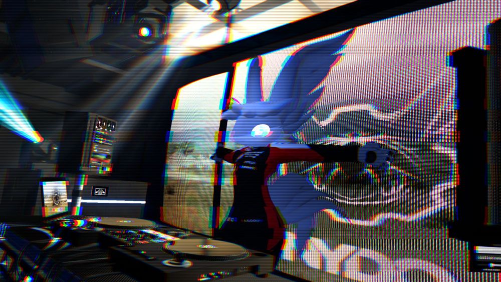 Najdorf at the DJ decks. He is jumping to the beat of a high-energy track.