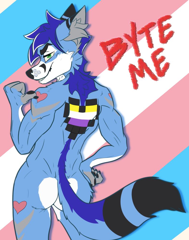Giga (a fox with a pixel heart on their back) points pack at the heart, which is filled with the non binary flag colors. Trans flag colors fill the background, with the text "Byte me" in red on top.