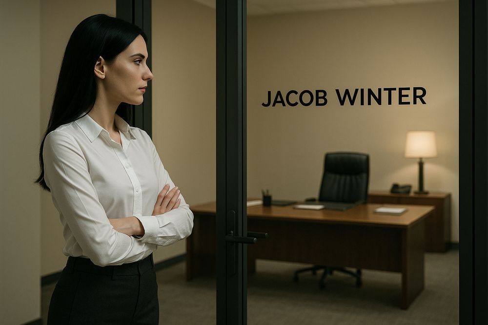 A young, professionally dressed woman with long black hair crosses her arms and stares at the name 'Jacob Winter' on a glass office door.