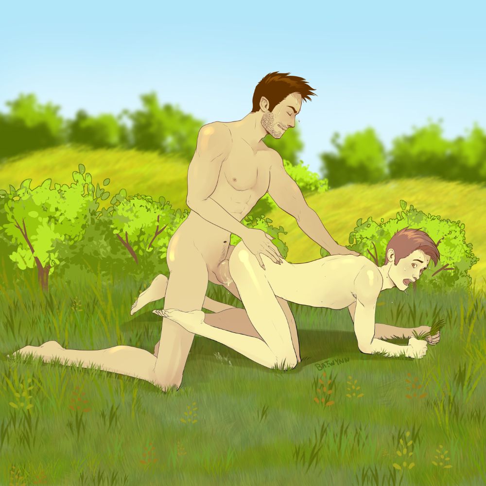A drawing of Derek Hale knotting Stiles Stilinski in a grassy field. 