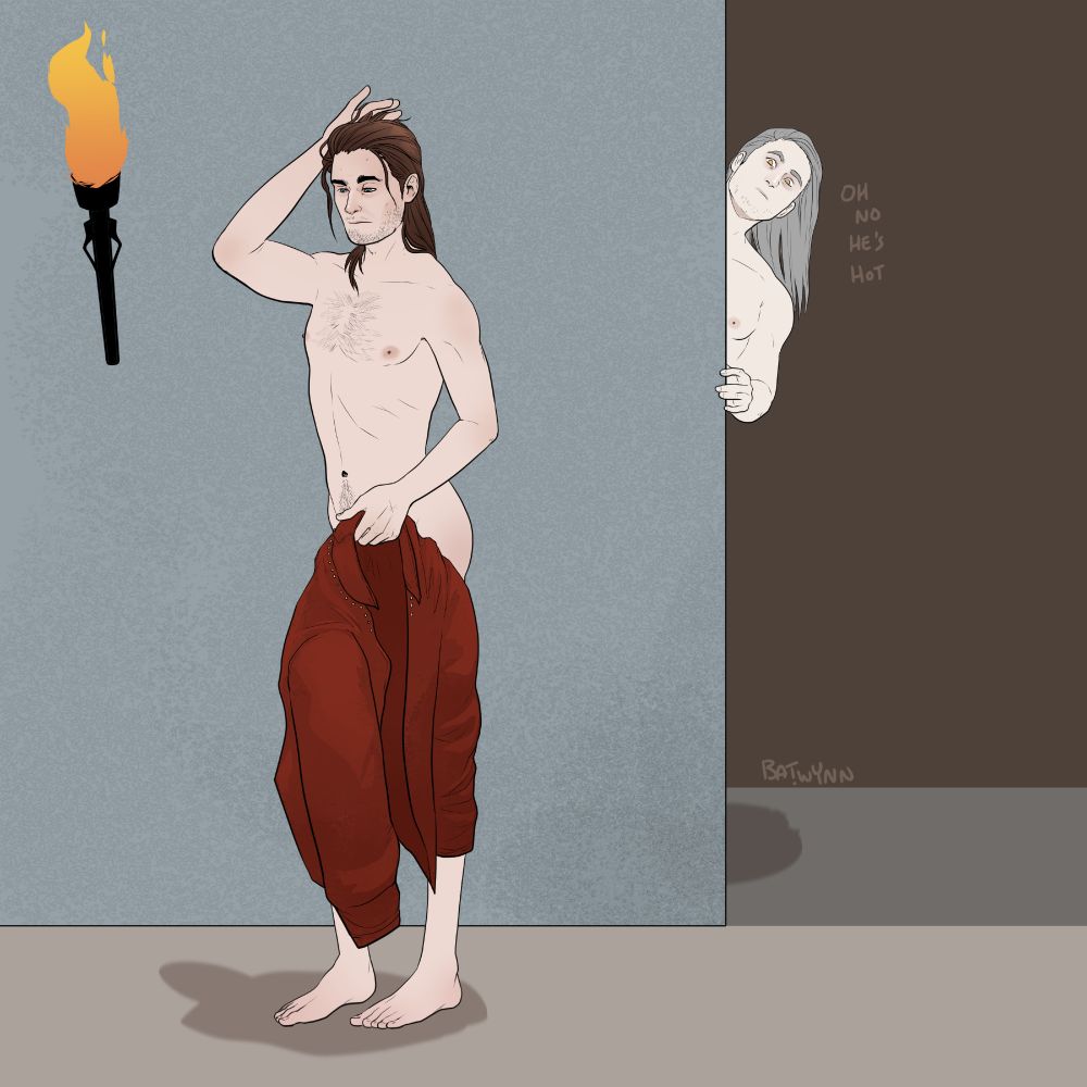 A drawing of Jaskier taking off his jacket last while Geralt has an 'Oh no he's hot' epiphany. 