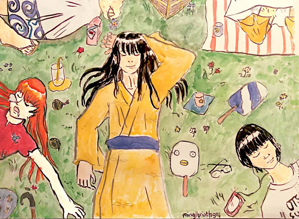 An image of Katsura, Kagura, Shinpachi, Gintoki and Elizabeth in the grass. Zura and the kids have their eyes closed. We only see Gintoki's and Elizabeth's legs and feet