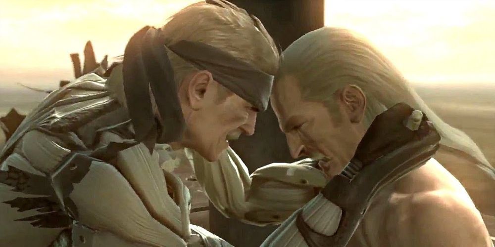 Screenshot of Solid Snake and Liquid Snake using auto-injectors to heal each other during the final fight in Metal Gear Solid IV.