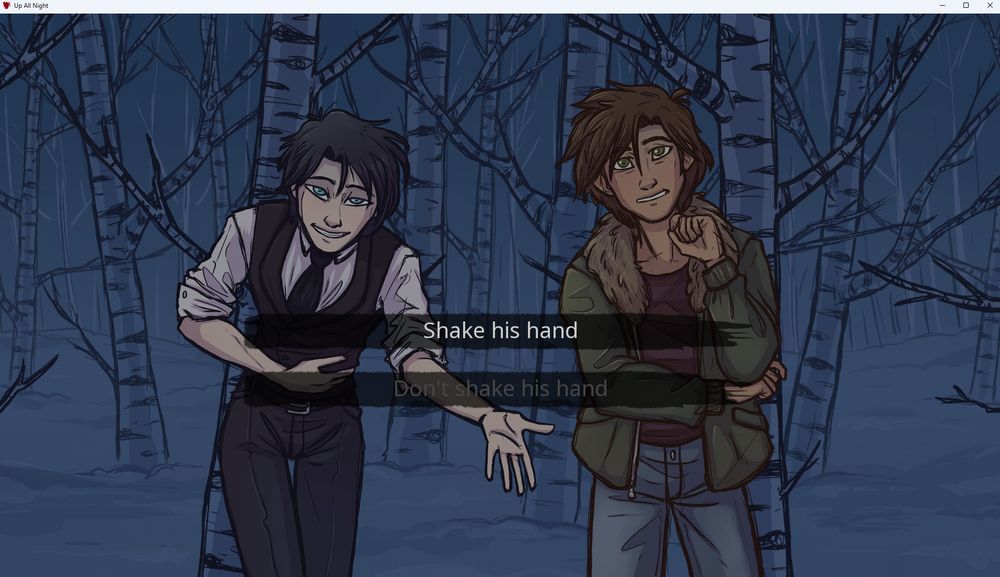 A screenshot from Up All Night. Two young men stand in a snowy forest. One is dressed for warmth. The other is extending his hand and is dressed like fancy service staff. The on-screen prompt is "shake his hand" and "don't shake his hand."