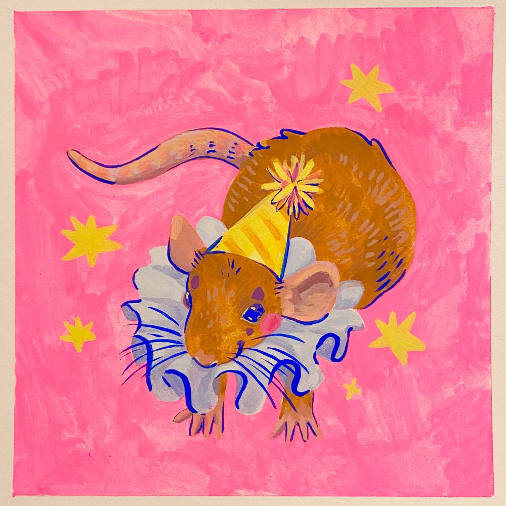 vibrant painted illustration of a rat dressed as a clown, wearing a party hat and frilly neck collar