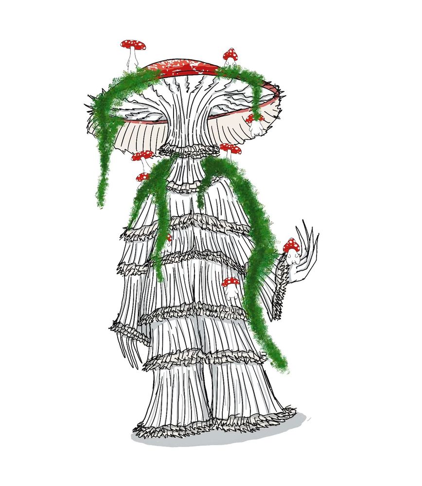 A drawing of a concept for a costume resembling a large living mushroom with legs and arms. The mushroom has a red cap and a white body. The body has flowy pleated fabric and articulating finger extensions. Small mushroom creatures and faux foliage are scattered around the figure.