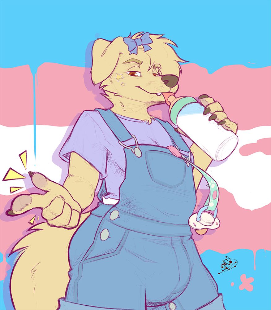 Picture of an anthropomorphic golden retriever trans girl.
She has a blue bow in her hair, wearing shortalls, with a pacifier clipped on the side of the shortall's bib. She is holding a baby bottle to her mouth, and there is some very small diaper peekage on the side, and bulk from it.
The background is a stylized trans flag.