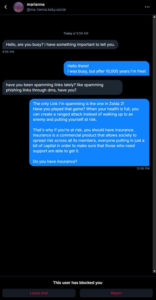 Screenshot of a DM exchange on Bluesky with a scammer using the standard "I have something important to tell you" script.
It ends with the target making a long message about playing Zelda 2, explaining the concept of insurance, and asking the scammer if they have insurance.