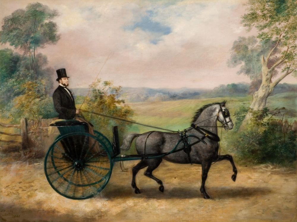 Oil painting showing a man in a horse-drawn gig carriage. He is wearing a black morning suit and top hat.