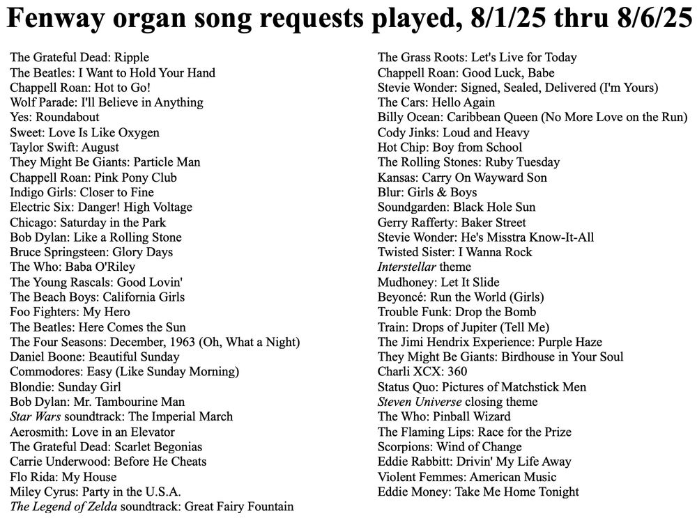 A screenshot of a list of Fenway organ song requests played from 8/1/25 thru 8/6/25 (DM me if you need a text version of the list to be able to read it).