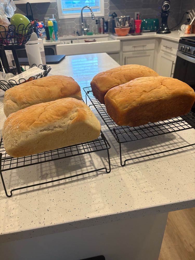 Fresh baked bread on racks on a counter.