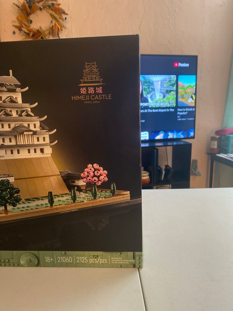 The left half of the photo is the Himeji Castle Lego set and the right half is my YouTube home screen on my tv