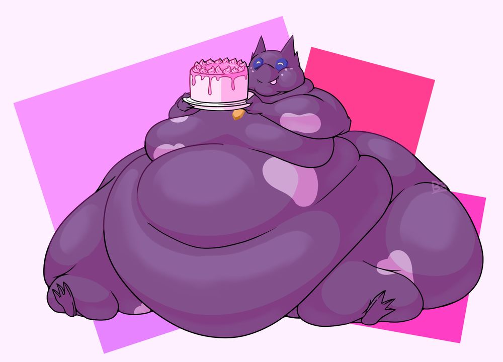 An extremely fat Sableye holding a pink cake.