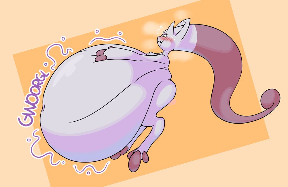 A profile view of a Mega Mewtwo Y with a very engorged midsection.
