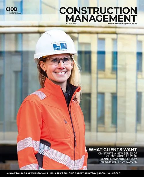 Image is the cover of Construction Management magazine, March 2025 issue, featuring a photo of Jennifer Makkreel MCIOB wearing an orange high vis coat and a hard hat.