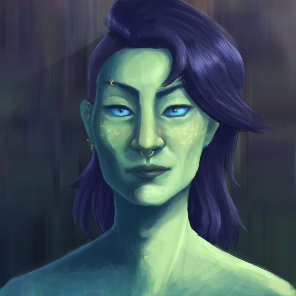 A portrait of my Yuan ti character. They have greenish skin and dark purple/blue hair that's shaved on one side.