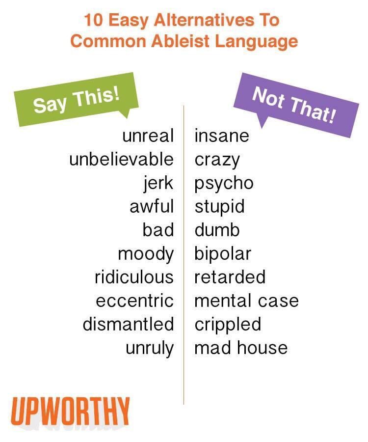 10 easy alternatives to common ableist language: 

Say this:         Not This:
unreal.                 insane
unbelievable.      crazy
jerk.                     psycho
awful.                  stupid
bad.                     dumb
moody.                bipolar
ridiculous.            retarded
eccentric.             mental case
dismantled.           crippled
unruly.                   mad house