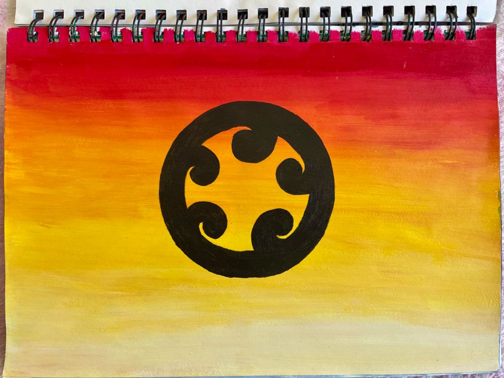 A painting that is red at the top, and then blends down through orange of various shades and yellow of various shades to pale yellow. Painted over the top in the middle of the page is a thick black circle, with 5 small waves similar to a koru going into the middle of the circle.