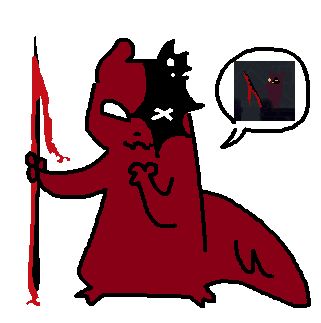 artificer holding an explosive spear, which is wrapped with extra red fabric. next to them is an in-game screenshot of a glitched explosive spear.