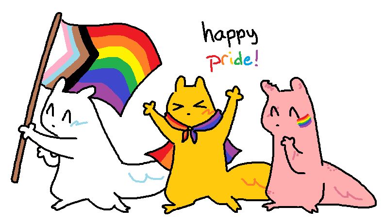 survivor holding a pride progress flag, monk wearing a rainbow cape, and hunter with a rainbow flag painted on their cheek. text above says "happy pride!"