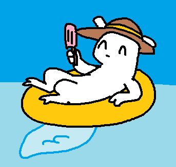 survivor in a straw hat, holding a popsicle and sitting in a tube pool floaty in the pool.