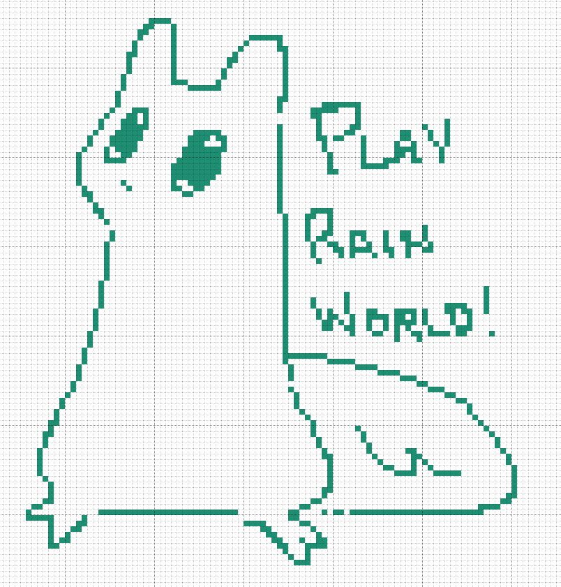 a slugcat drawn on a pixel canvas, with writing next to it saying "play rain world!"